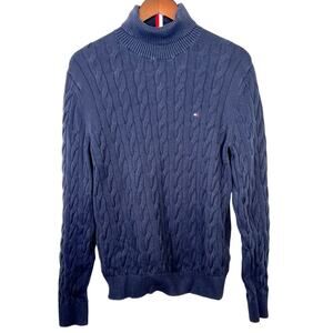 Tommy Hilfiger Size Medium Wool Cable Knit Turtleneck Sweater Navy Blue